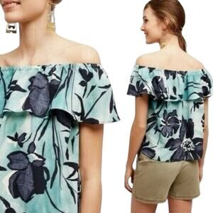 Maeve Large Blouse Floral Ruffles Scoop Neckline Green Navy